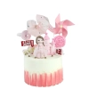Topper na tort wiatraczek różowy dla dziewczynki dekoracje na roczek baby shower urodziny wiatrak zestaw 3 sztuk