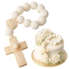 Figurka cukrowa na tort różaniec biało złoty dekoracje komunijne