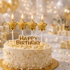 Świeczki gwiazdki złote brokatowe kulki napis happy birthday na bok tortu 5el