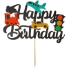 Topper na tort napis Happy Birthday brokatowy pojazdy dekoracje urodzinowe