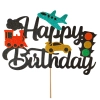 Topper na tort napis Happy Birthday brokatowy pojazdy dekoracje urodzinowe