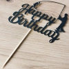 Topper na tort napis Happy Birthday czarny brokatowy wędkarz dekoracje urodzinowe
