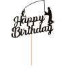 Topper na tort napis Happy Birthday czarny brokatowy wędkarz dekoracje urodzinowe