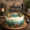 Topper na tort napis Happy Birthday czarny brokatowy wędkarz dekoracje urodzinowe