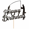 Topper na tort napis Happy Birthday czarny brokatowy wędkarz dekoracje urodzinowe