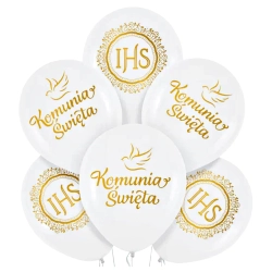 Balony dekoracje komunijne 6 sztuk napis IHS Komunia Święta biały złoty