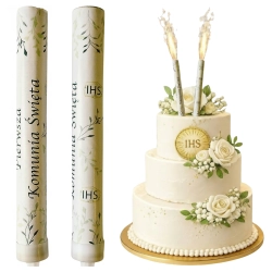 Raca na tort 2 sztuki fontanna tortowa napis Pierwsza Komunia Święta dekoracje komunijne 12 cm