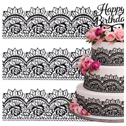 Koronka cukrowa czarna 3 sztuki ozdoby na tort dekoracje urodzinowe komunia wesele