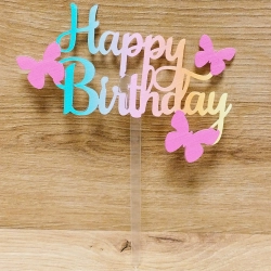Topper na tort tęczowy napis happy birthday motylki na babeczki