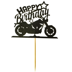 Topper na tort napis Happy Birthday czarny brokatowy motor dekoracje urodzinowe