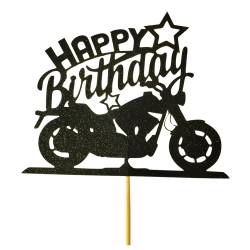 Topper na tort napis Happy Birthday czarny brokatowy motor dekoracje urodzinowe