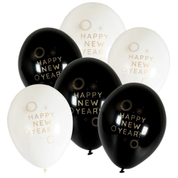 Balony lateksowe sylwester nowy rok czarny biały happy new year 6szt