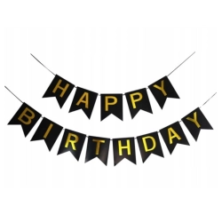 Baner girlanda dekoracja urodzinowa napis Happy Birthday czarny złoty duży