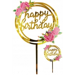 Topper dekoracja na tort napis HAPPY BIRTHDAY złoty kwiaty urodziny