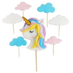Figurki na tort topper jednorożec tęczowy unicorn chmurki cukrowe urodziny 7el