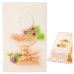 Figurka na tort hostia cukrowa złoty tabliczka ozdoby dekoracje komunijne chrzest