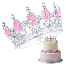 Korona na tort srebrna z różowymi kryształami diamentami tiara diadem dekoracja dla księżniczki