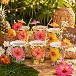Kubeczki papierowe 6 sztuk tropikalne kwiaty aloha ozdoby na stół dekoracje urodzinowe