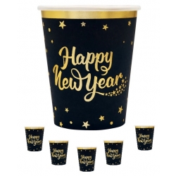 Kubeczki papierowe jednorazowe czarne złote gwiazdki Sylwester Nowy Rok dekoracja Happy New Year 6 szt