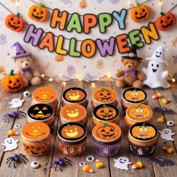 Opłatki waflowe na babeczki muffinki dynia mix 12 sztuk halloween śmieszne miny