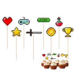 Topper piker ozdoby na tort babeczki puchar miecz minecraft piksele dekoracje urodzinowe game on zestaw 8 sztuk