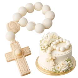 Figurka cukrowa na tort różaniec biało złoty dekoracje komunijne