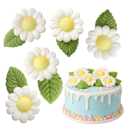 Kwiaty ozdoby na tort kwiat cukrowy biały rumianek z liśćmi dekoracje urodzinowe 10 sztuk