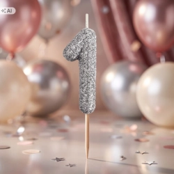 Świeczka na tort cyfra 1 srebrna brokatowa roczek dekoracje urodzinowe