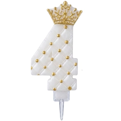 Świeczki na tort cyfra 4 świeczka biała ze złotą koroną dekoracje urodzinowe