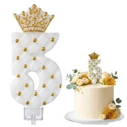 Świeczki na tort cyfra 5 świeczka biała ze złotą koroną dekoracje urodzinowe