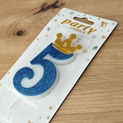 Świeczka na tort niebieska cyfra 5 świeczki urodzinowe brokatowe z koroną
