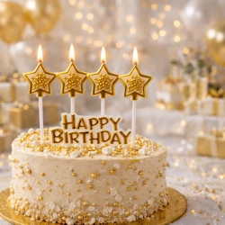 Świeczki gwiazdki złote brokatowe kulki napis happy birthday na bok tortu 5el