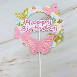 Topper na tort babeczki happy birthday motylki różowy złoty 1szt