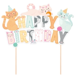 Topper ozdoby na tort kolorowy napis Happy Birthday z kotkami dekoracje urodzinowe