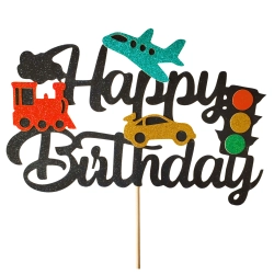 Topper na tort napis Happy Birthday brokatowy pojazdy dekoracje urodzinowe