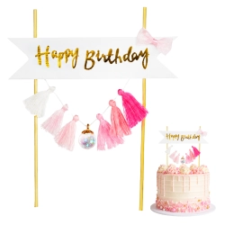 Topper girlanda ozdoby na tort napis Happy Birthday frędzle różowe dekoracje urodzinowe
