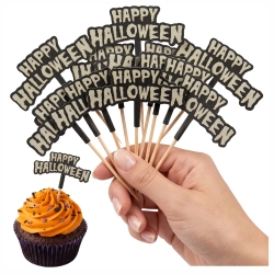 Topper na tort pikery na babeczki 12szt napis HAPPY HALLOWEEN fluorescencyjne