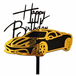 Topper na tort napis Happy Birthday czarny złoty lustrzany auto samochód dekoracje urodzinowe