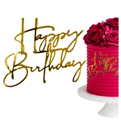 Topper na tort bok tortu Happy Birthday złoty lustrzany ozdoby dekoracje urodzinowe