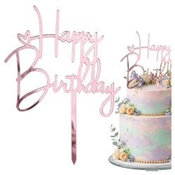 Topper na tort napis Happy Birthday różowy ozdoby dekoracje urodzinowe