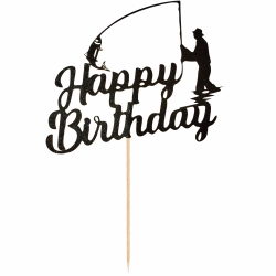 Topper na tort napis Happy Birthday czarny brokatowy wędkarz dekoracje urodzinowe