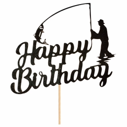 Topper na tort napis Happy Birthday czarny brokatowy wędkarz dekoracje urodzinowe