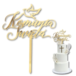 Topper dekoracja na tort Komunia Święta złoty z gołąbkiem napisem ozdoby komunijne 1szt