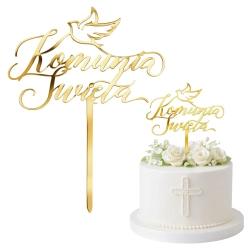 Topper dekoracja na tort Komunia Święta złoty z gołąbkiem napisem ozdoby komunijne 1szt