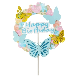 Topper na tort tęczowy napis happy birthday motylki na babeczki kolorowy