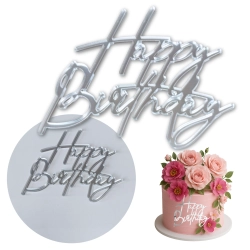 Topper na bok tortu ozdoby na tort napis Happy Birthday srebrny dekoracje urodzinowe 1szt