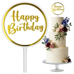 Topper na tort napis Happy Birthday transparentny złoty ozdoby dekoracje urodzinowe