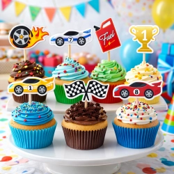 Topper na tort piker auta wyścigowe puchar meta na babeczki dekoracje urodzinowe