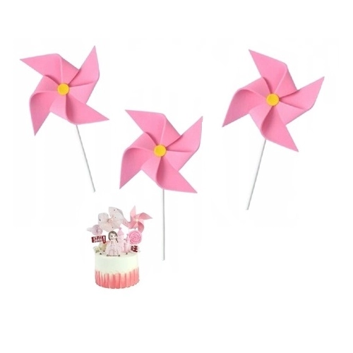 Topper na tort wiatraczek różowy dla dziewczynki dekoracje na roczek baby shower urodziny wiatrak zestaw 3 sztuk