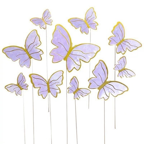 Topper piker dekoracja na tort motyle fioletowe złote paski roczek urodziny baby shower 10 szt